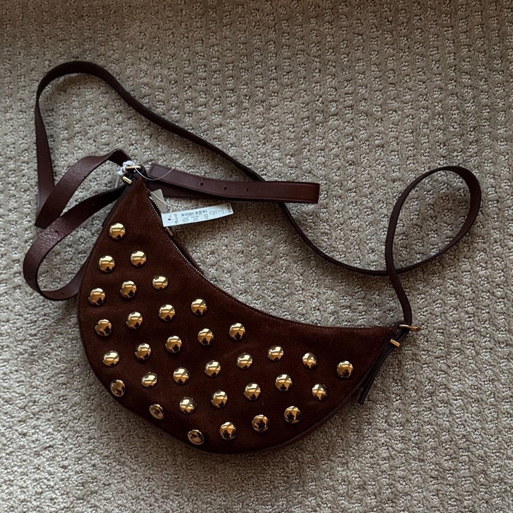 BNWT MADEWELL Brown Suede Crossbody Bag with Gold Studs